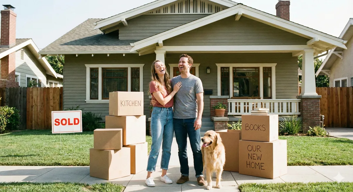Happy couple standing in front of their new home with boxes