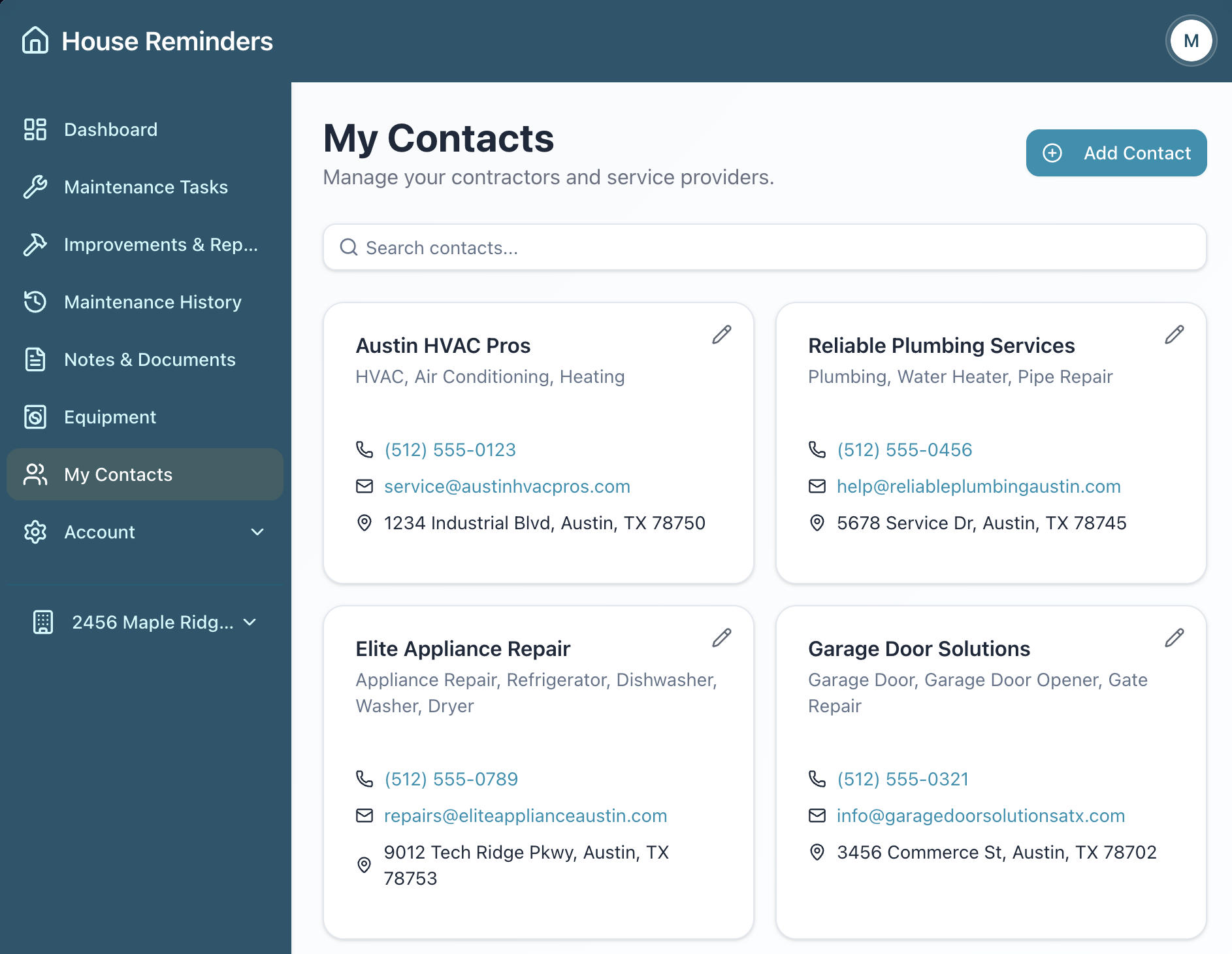 My Contacts page showing service providers