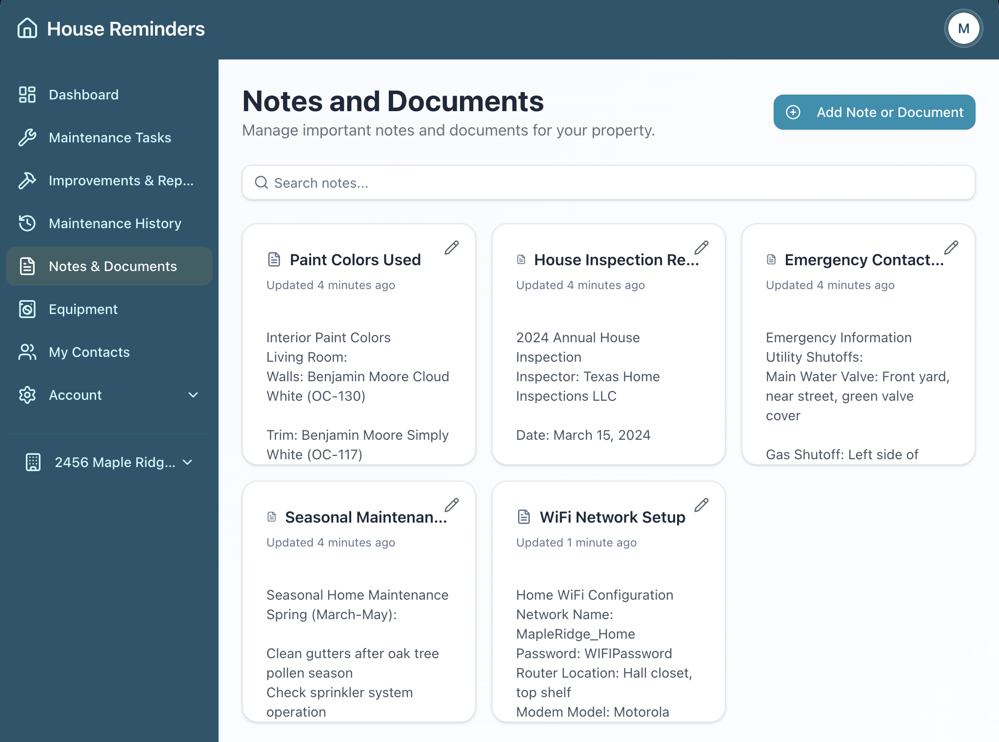 Notes and Documents page with cards for paint colors, inspections, and emergency info