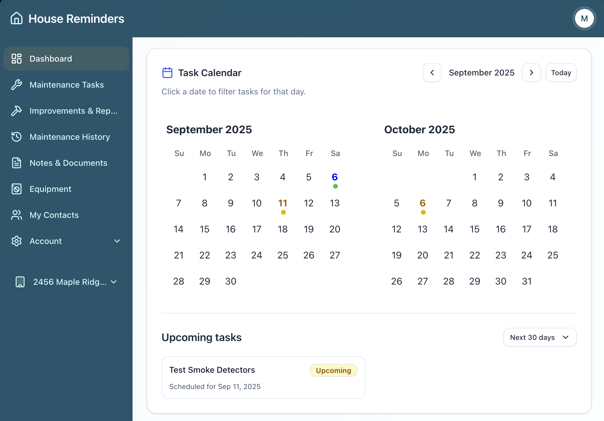 Task calendar and upcoming maintenance tasks screenshot